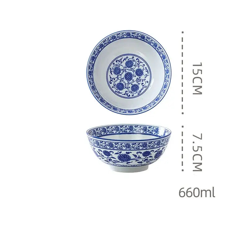 A white retro ceramic soup noodle bowl with blue floral patterns 15cm diameter 7.5cm height 660ml capacity