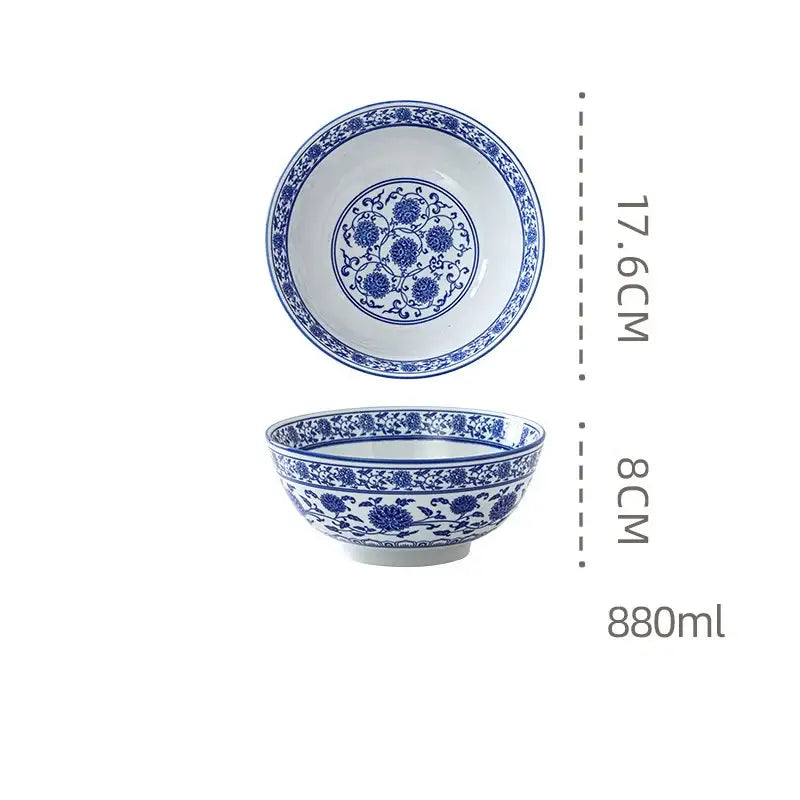 Retro blue and white retro ceramic soup noodle bowl with intricate floral patterns and 880ml capacity