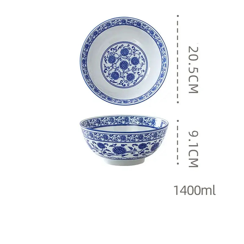 White retro ceramic soup noodle bowl with intricate blue floral patterns and decorative rim for dining room use