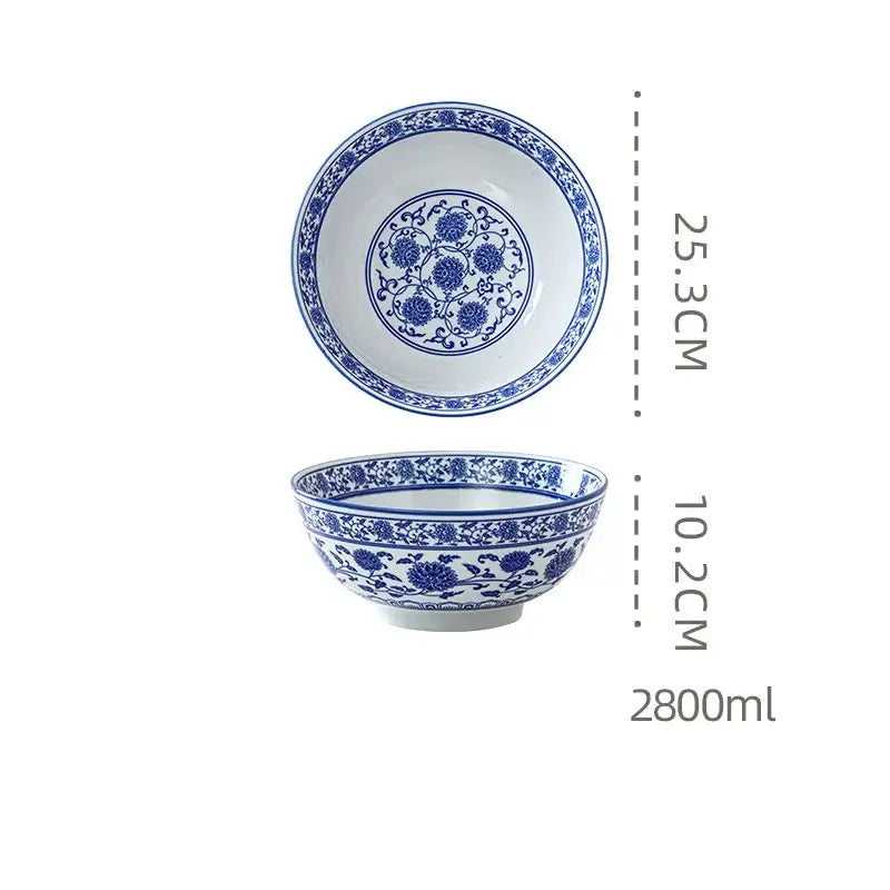 White retro ceramic soup noodle bowl with intricate blue floral patterns and decorative rim for dining room use