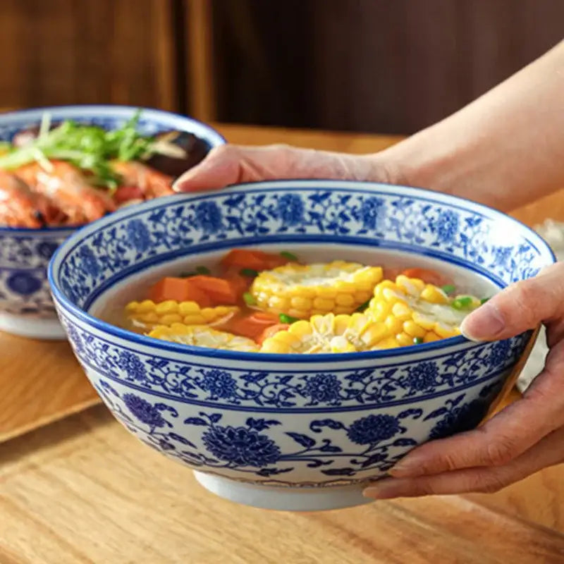 Blue and white retro ceramic soup noodle bowl with intricate floral patterns for dining room use