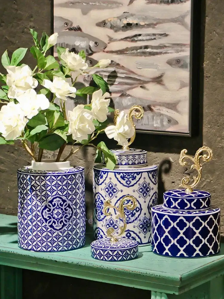 Retro blue and white porcelain covered vase jar with ornate gold metal lids for living room storage