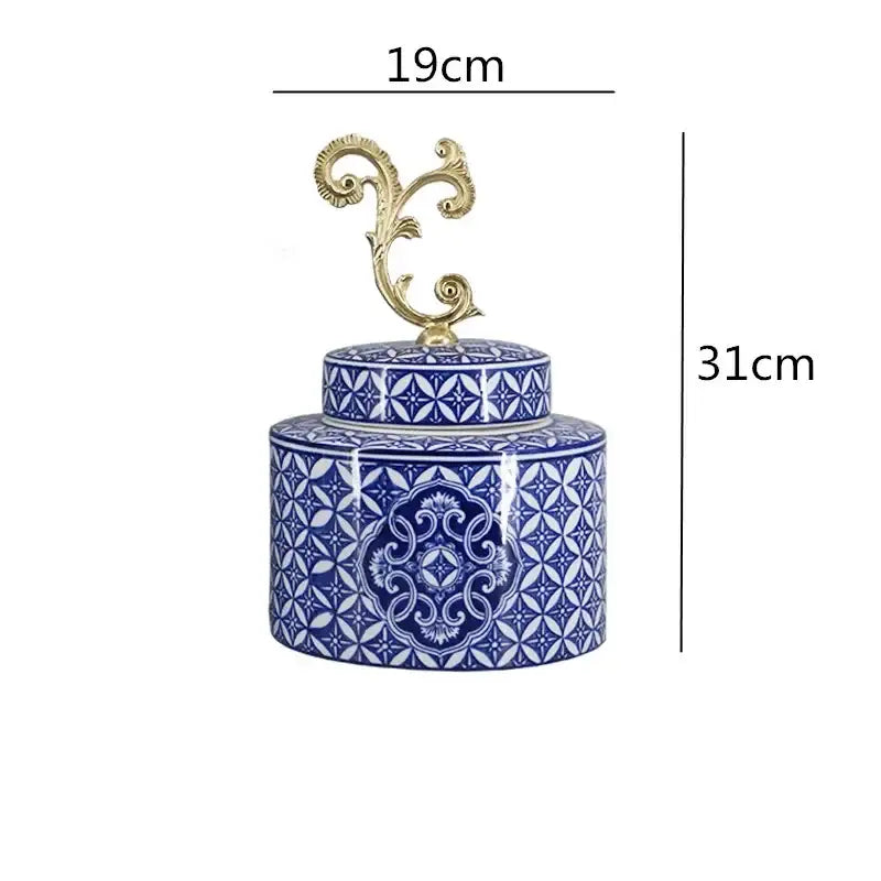 Retro blue and white porcelain covered vase jar with ornate gold leaf handle for living room storage