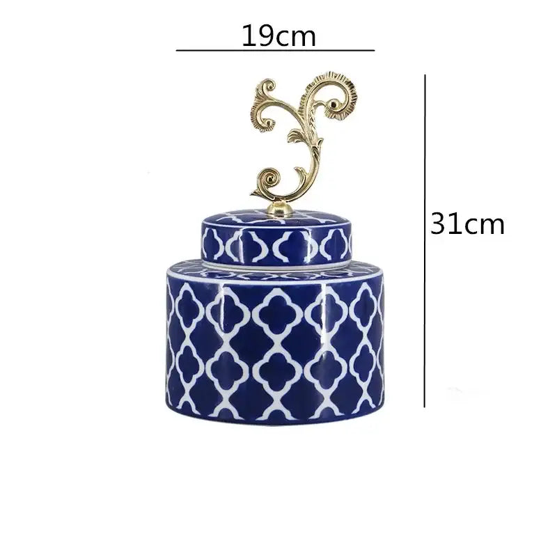 Deep blue porcelain covered vase jar with white quatrefoil pattern and gold handle for living room storage