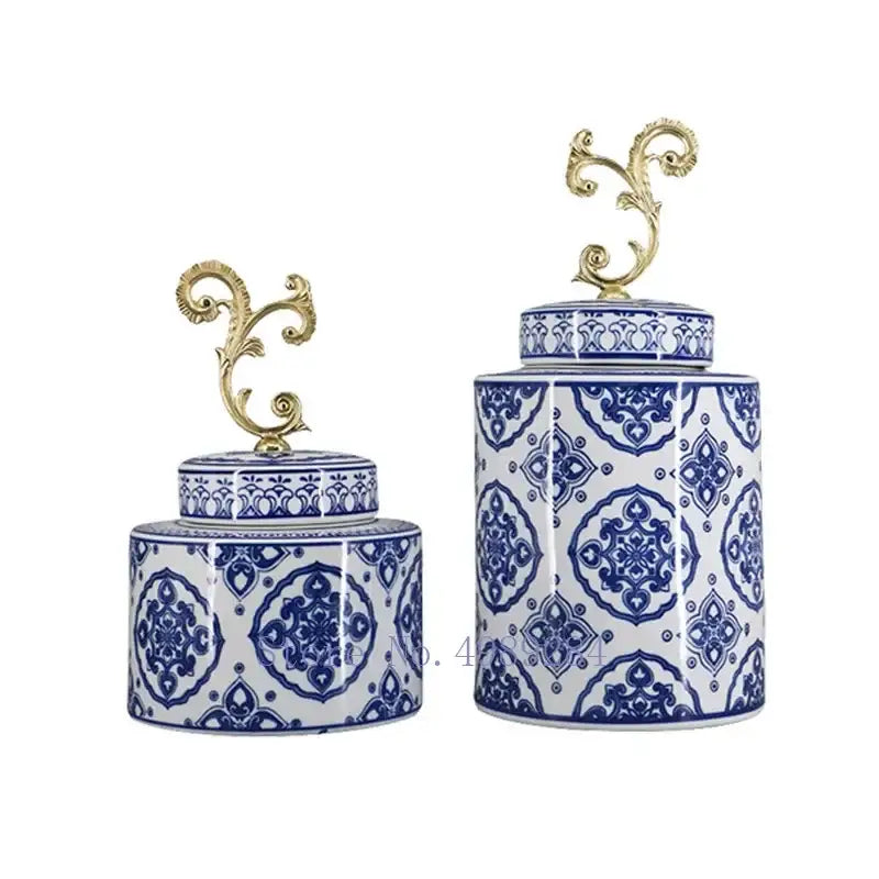 Retro blue and white porcelain covered vase jar with ornate gold metal handles for living room storage