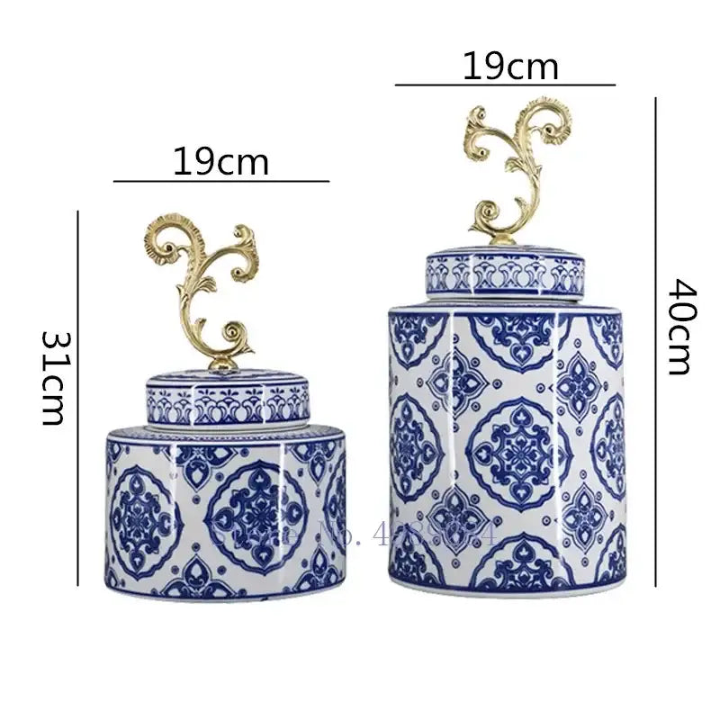 Retro blue and white porcelain covered vase jars with ornate gold metal finials for living room storage