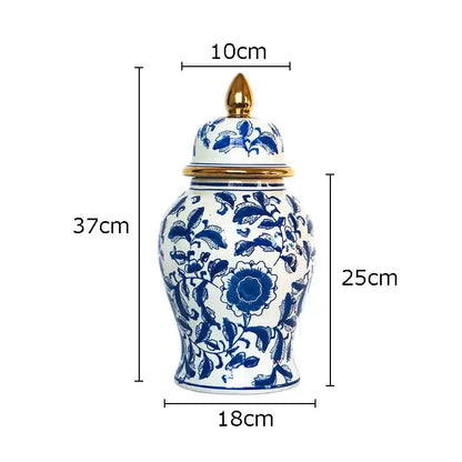 Retro blue and white porcelain ginger jar with intricate floral patterns and gold tipped lid for living room decorbites decor