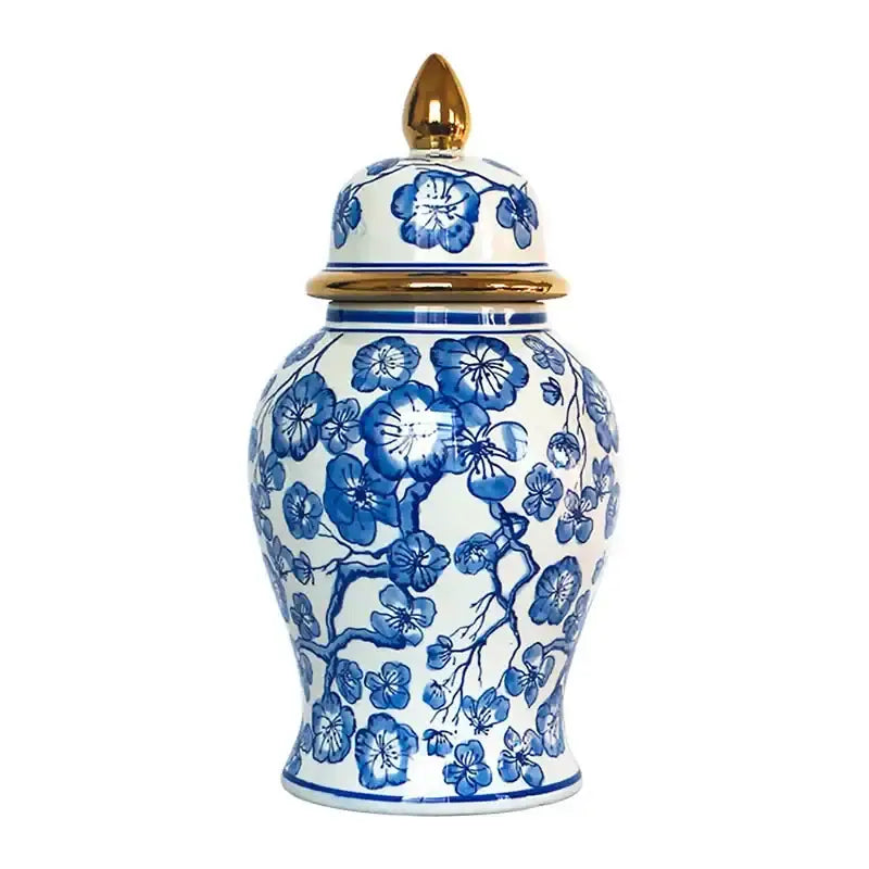 Retro blue and white porcelain ginger jar with gold trim and finial ideal for living room decorbites blue porcelain ginger jar