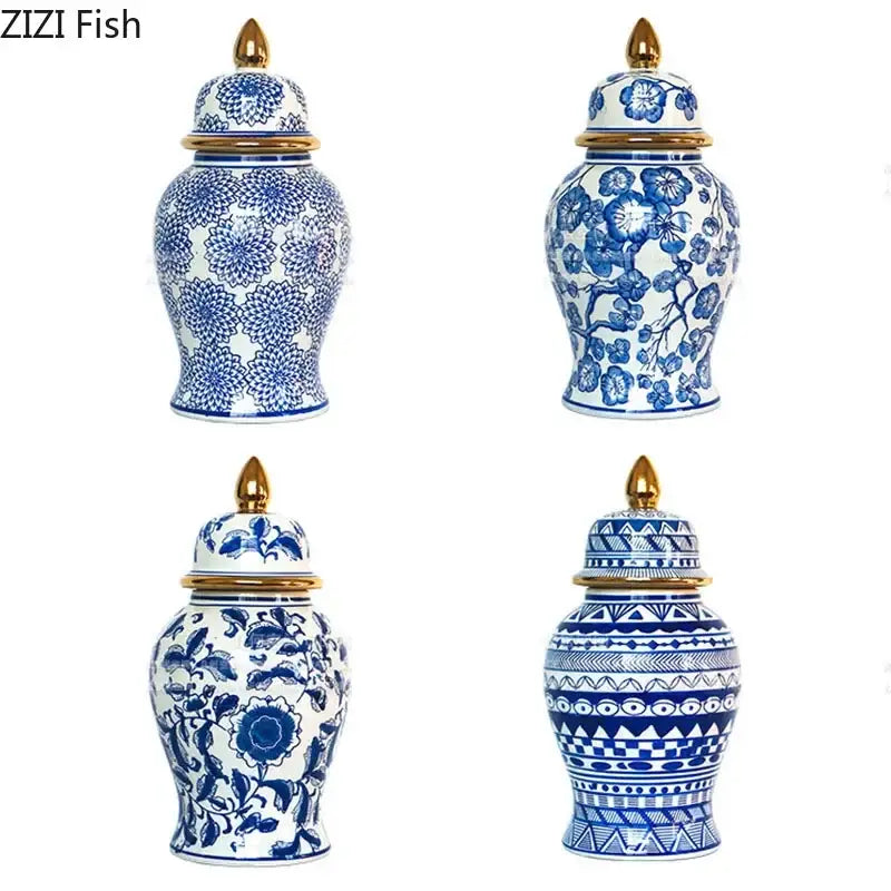 Retro blue and white porcelain ginger jars with gold tipped lids featuring unique floral and geometric patterns decorbites blue