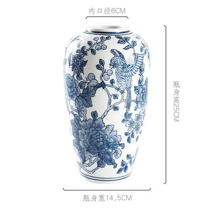 Retro blue and white porcelain vase featuring intricate hand-painted floral and bird designs for living room decorbites blue white decor
