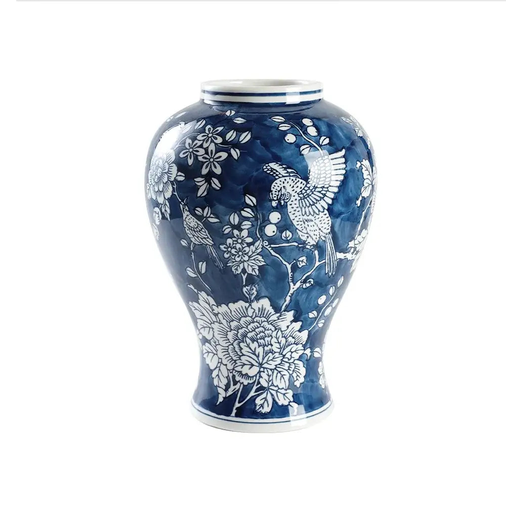 Retro blue and white porcelain vase with intricate bird and floral motifs for living room decorbites blue white decor