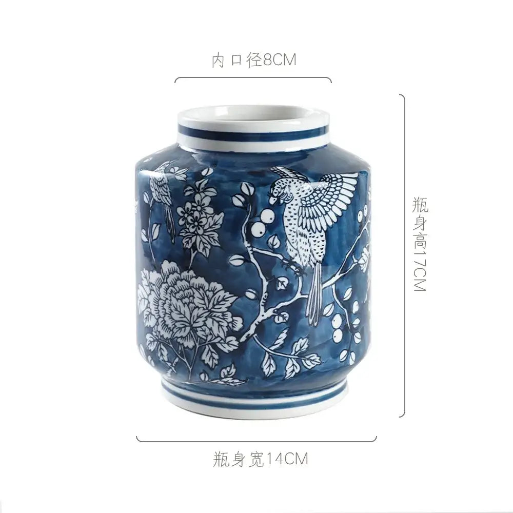 Retro blue white porcelain vase featuring intricate bird floral designs and decorative striped rims for living room decorbites blue white