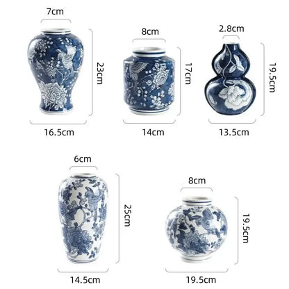 Set of five retro blue white porcelain vases with floral and bird motifs for living room decorbites blue white style