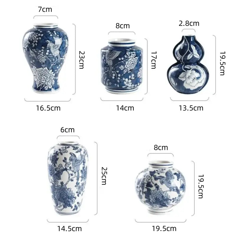 Set of five retro blue white porcelain vases with floral and bird motifs for living room decorbites blue white style