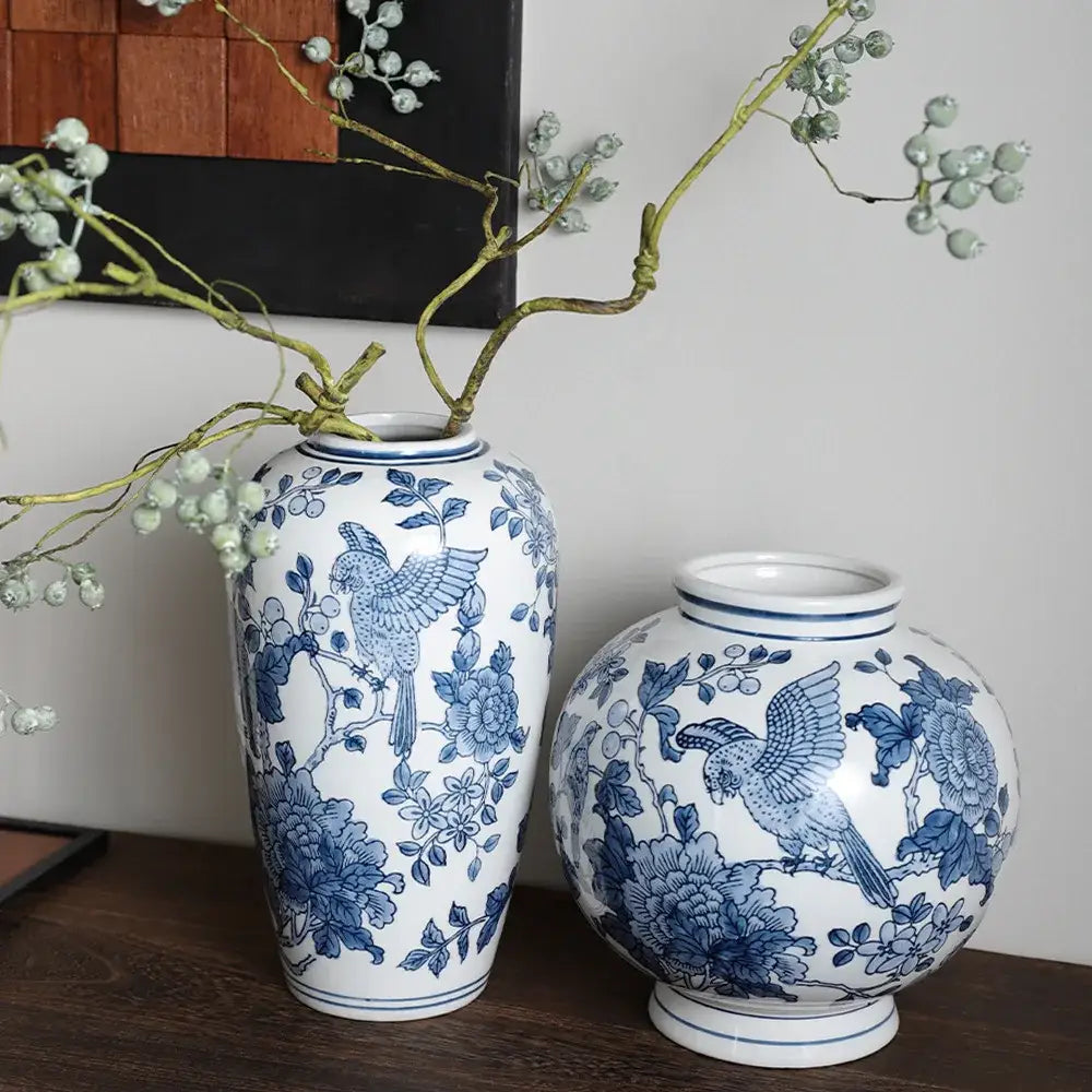 Two blue white porcelain vases with bird and flower patterns for living room decorbites blue white floral pot