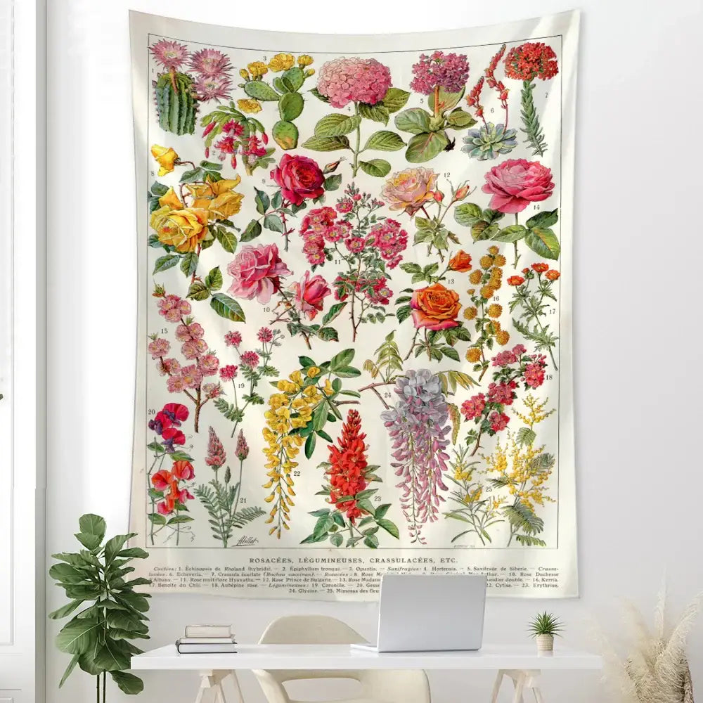 Retro boho botanical map tapestry with vibrant floral designs in reds pinks yellows and greens on cream background wall hanging