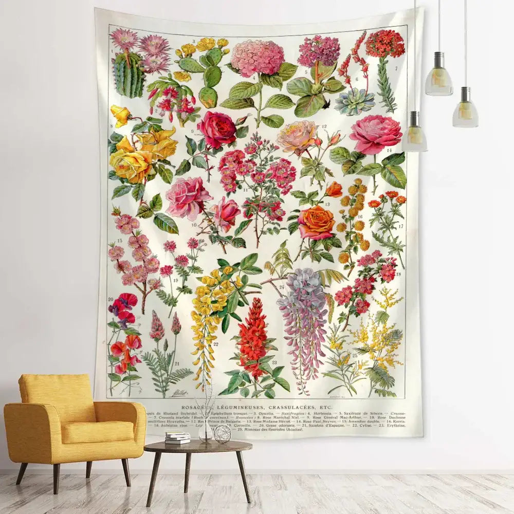 Retro boho botanical map tapestry with vibrant red, pink, yellow, and purple flowers on an off-white background for living room wall hanging