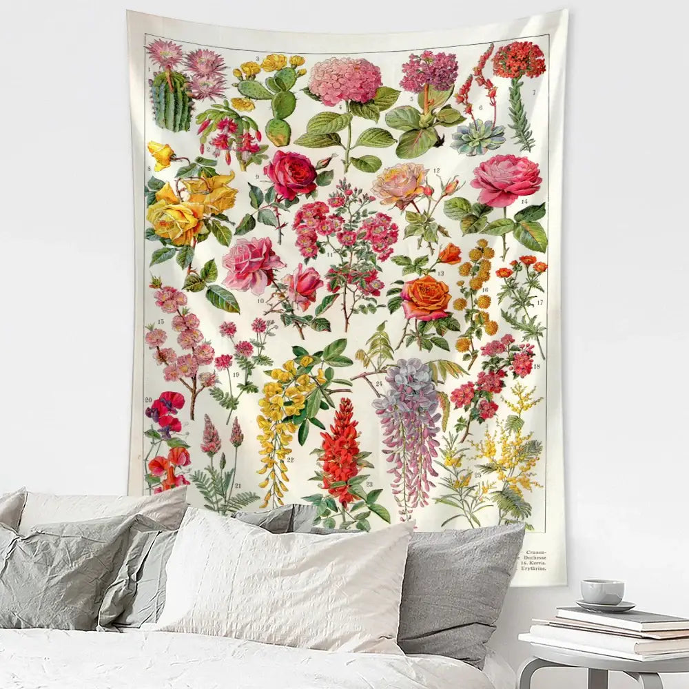 A vibrant retro boho botanical map tapestry featuring colorful flowers and plants on an off-white living room wall hanging