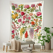 Retro boho botanical map tapestry with vibrant pink red yellow and purple flowers on off-white living room wall hanging