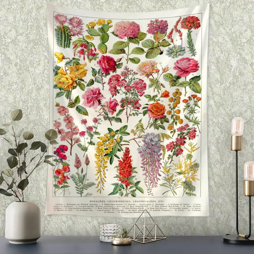 Retro boho botanical map tapestry with vintage-style colorful flowers on off-white fabric for living room wall hanging