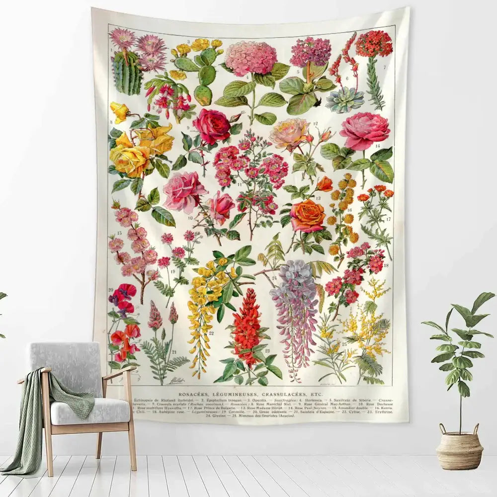 Vintage-style retro boho botanical map tapestry with colorful detailed flowers on off-white fabric for living room wall hanging