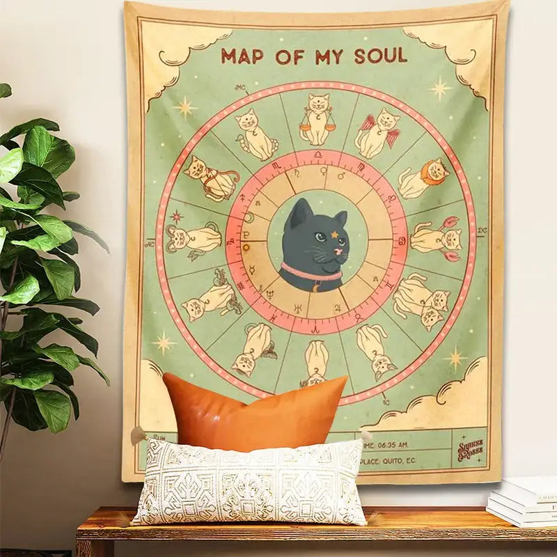 Retro boho cat tapestry with central black cat and zodiac cats in mint and cream for living room decorbites wall decor