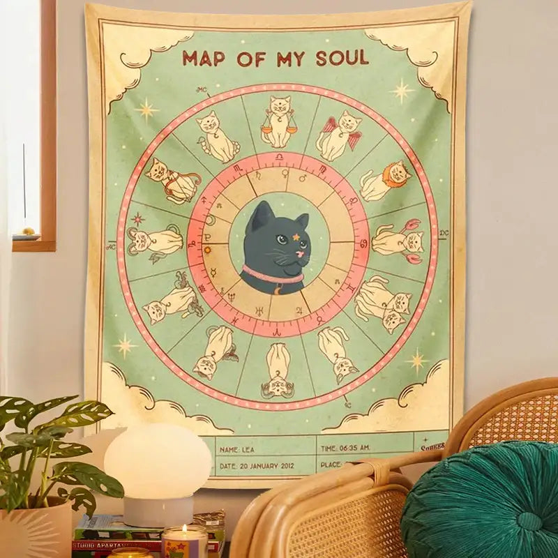 Retro boho mint and cream decorbites cat tapestry featuring a black cat and zodiac cats for living room decor