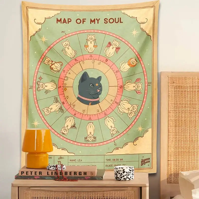 Retro boho living room decorbites cat tapestry features a black cat with starry eyes and pastel zodiac cat designs