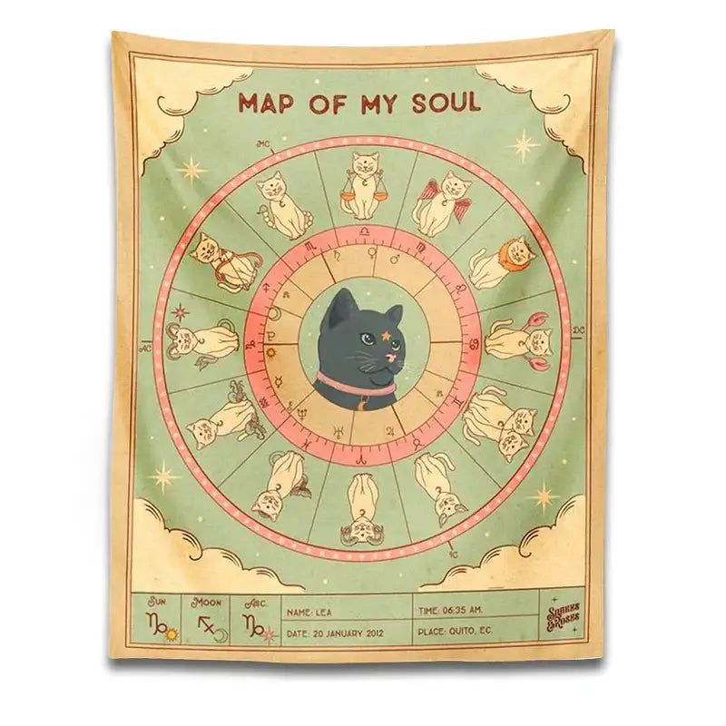 Retro boho living room decorbites cat tapestry featuring a vintage-style black cat with zodiac signs on mint and cream background
