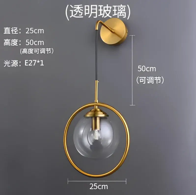Gold-toned retro brass wall lamp with decorbites glass ball led globe and adjustable height diameter 50cm bathroom sconce
