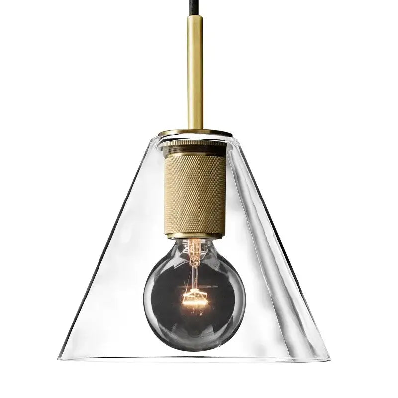 A retro brass and glass gold led pendant light with clear conical shade and exposed bulb for dining room decorbites gold led