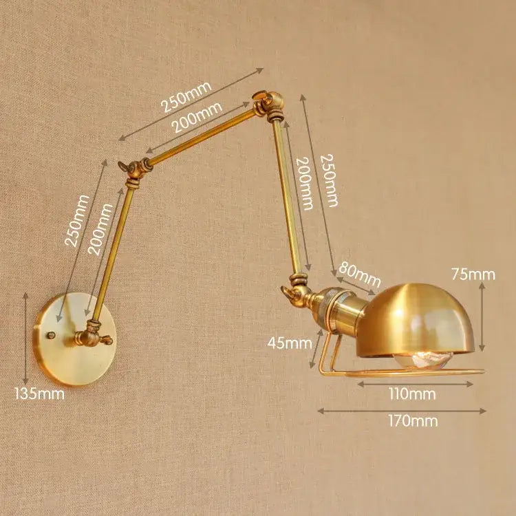 Retro brass swing arm wall sconce with brass finish, adjustable articulated arms, and dome-shaped glass shade by decorbites golden loft