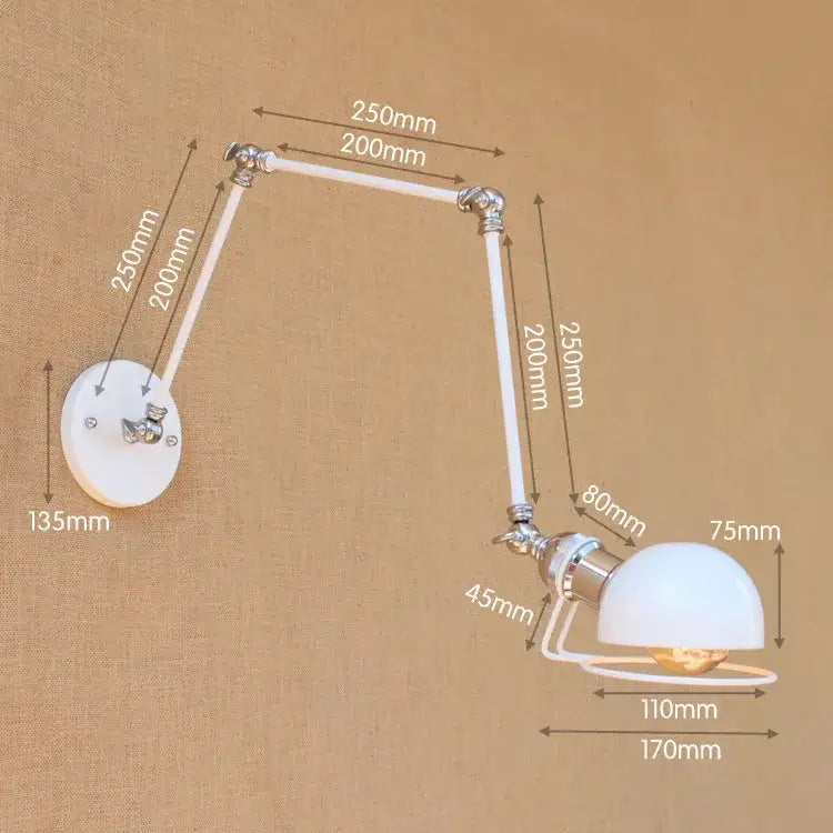 White ceramic dome wall sconce with chrome articulated arms and mounting plate for decorbites golden loft swing use