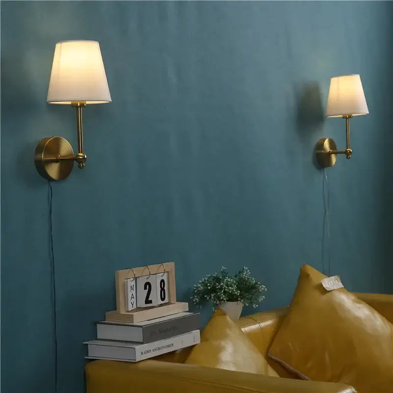 Brass wall lamp with cream fabric shades featuring gold led retro design for bedroom led retro wall lighting