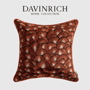 Retro brick red embroidered geometry pillow case with rust-colored fabric and cream dark brown fan pattern for living room