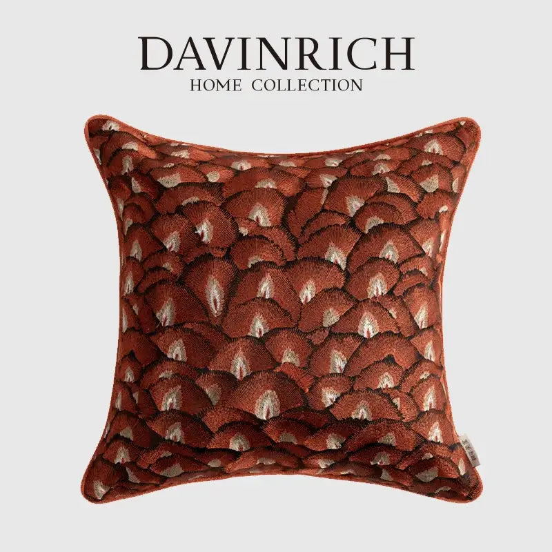Retro brick red embroidered geometry pillow case with rust-colored fabric and cream dark brown fan pattern for living room