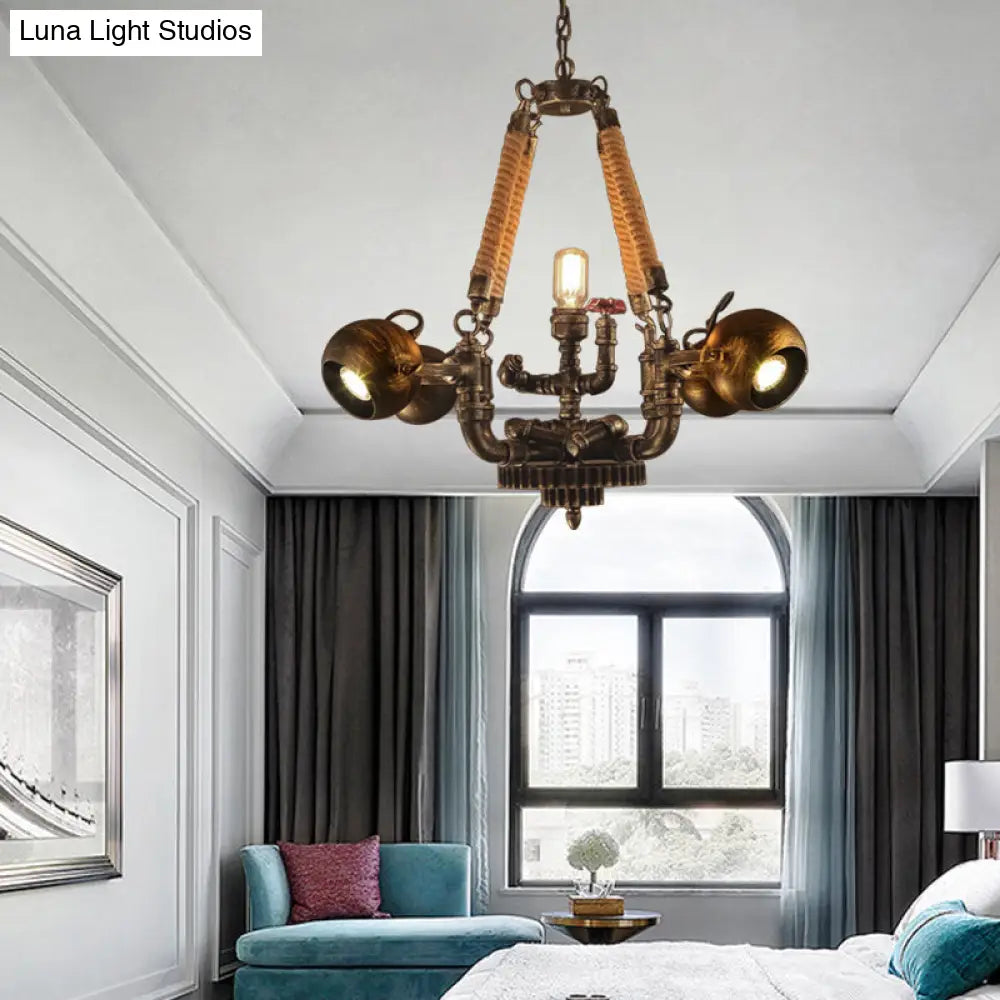 Retro Bronze 5-Light Ball Chandelier with Global Shade - Metal and Rope Pendant for Bars