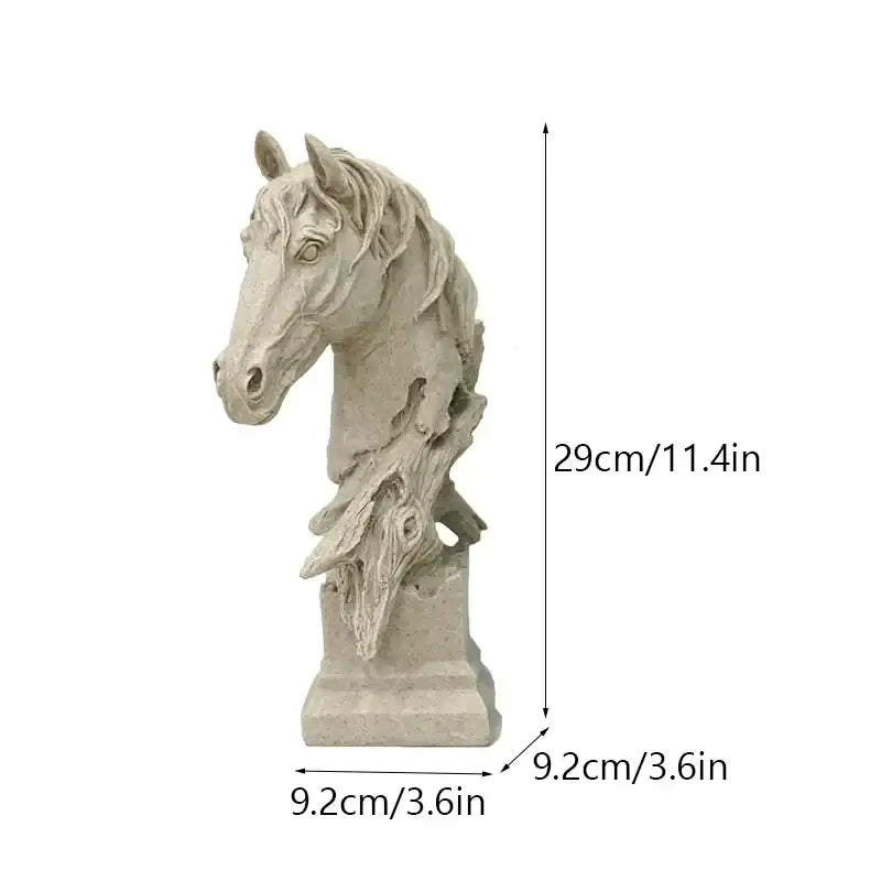 Detailed gray resin horse head statue with textured mane and base for retro bronze and beige living room decor
