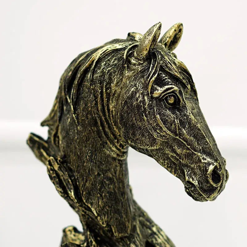 Antique bronze-colored resin horse head statue with detailed sculpted mane and expressive eyes for living room decor