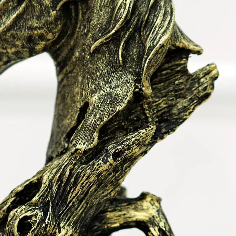 Bronze-colored resin horse head statue with intricate textured mane and rugged tree-like base for living room decor