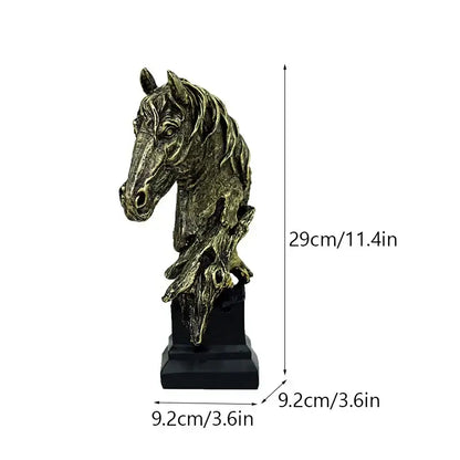 Antique bronze-colored resin horse head statue with detailed mane and expressive eyes on black base for living room decor