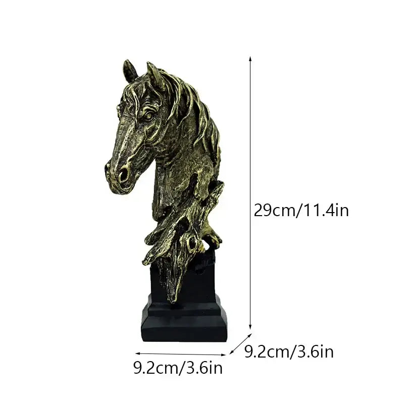 Antique bronze-colored resin horse head statue with detailed mane and expressive eyes on black base for living room decor