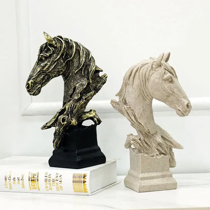 Two decorative horse head statues with bronze black finish and beige resin textured stone look for living room decor