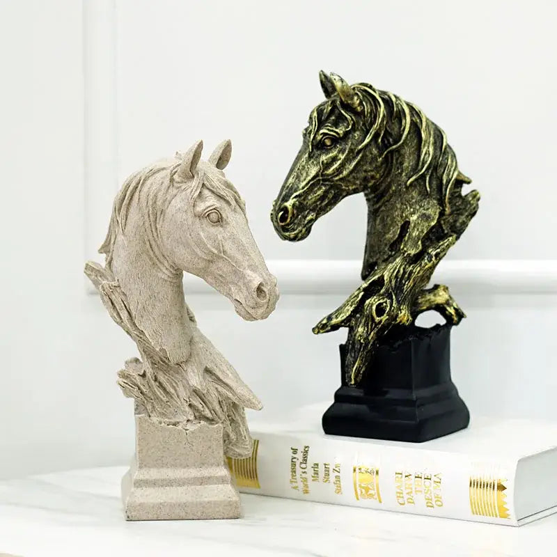Two horse head statues in matte beige resin and antique bronze finish for retro living room decor