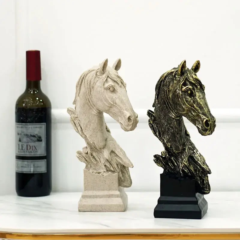 Two horse head statues in retro bronze finish and beige resin with stone and black bases for living room decor