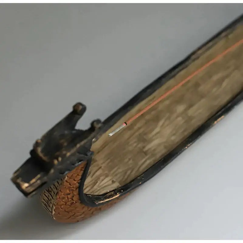 Antique black lacquered dragon-head bookmark with brown leather trim and orange cord for decorbites dragon boat incense holder decor