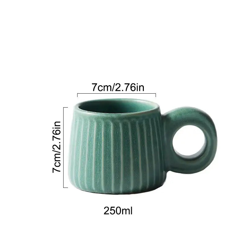 Teal ceramic mug with vertical ridges and circular handle 7cm tall 250ml capacity decorbites handmade nordic ceramic mug