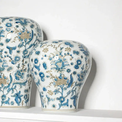 Retro chinese blue and white porcelain ceramic vase set with blue and gold floral pattern for living room decorbites blue
