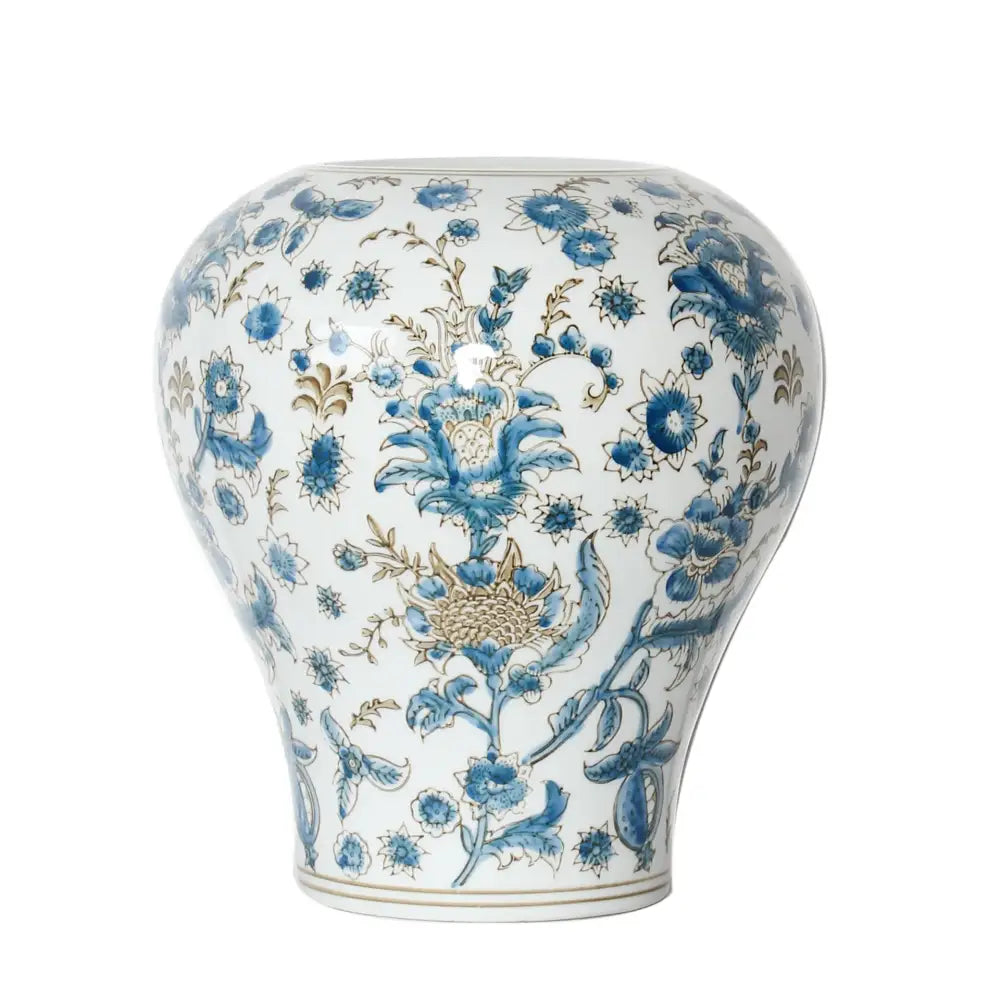 White porcelain ceramic vase with intricate blue and gold floral patterns for retro decorbites blue living room set