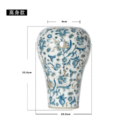 A tall slender white porcelain ceramic vase with intricate blue floral patterns for living room decorbites blue set